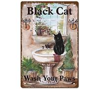 CREATCABIN Black Cat Wash Your Paw Tin Sign Funny Cat Lover Gift Retro Poster Art Mural Hanging Iron Painting Vintage Metal Sign for Home Kitchen Bathroom Wall Art Decor 8 x 12inch