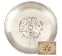 CREATCABIN Bol D'Offrande Contre Mauvais Œil Assiette Rituelle D'Autel Plat Acier Inoxydable Argenté Plateau Bijoux Rond Plaque Tarot Prière Support Bague Bibelot avec Carte pour Maculage 14x14cm