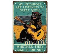 CREATCABIN Chat Guitare Métal Tin Sign Rock Musique Fer Signe Affiches Rétro Vintage Imperméable Mes Voisins Écoutent de la Grande Musique pour Mur Maison Maison Cafés Bar Pub Cadeau Plaque Décor