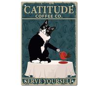 CREATCABIN Chat Noir Signe Vintage Panneau Métal Étain Affiche Catitude Café Co Servez Vous Rétro Peinture Plaque Fer Décor Mural Art Accrocher Bon Rappel pour Bureau 12X8Pouces
