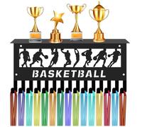 CREATCABIN Cintre pour Médailles Basket-Ball avec Étagère pour Trophées,Support Sport,Support Mural,Cadre en Fer,Crochets pour Suspendre 70 médaille,Organisateur Récompenses,Noir