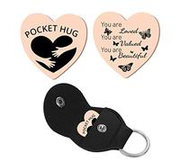 CREATCABIN Coeur Pocket Hug Token Papillon Longue Distance Relation Souvenir Porte-Clés en Acier Inoxydable Double Face avec Cuir Porte-Clés Cadeau pour Famille Amis Fille Femmes Or Rose 1 Pouce