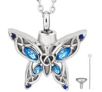 CREATCABIN Collier D'Urne Crémation Forme Papillon pour Cendres Bijoux Crémation Strass Bleus Pendentif Commémoratif Acier Inoxydable Argent Collier D'Urne Cristal avec Entonnoir pour Animal 54.3cm
