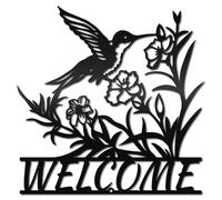 CREATCABIN Décoration Murale Métal avec Oiseau Fleur Décoration Murale Bienvenue Plantes Colibri Sculpture Décoration Murale Fer Noir Ornement pour Porte Jardin Maison Intérieur Ou Extérieur 30x30cm