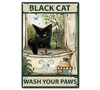 CREATCABIN Drôle de Salle de Bain Citation Métal Étain Signe Vintage Chat Noir Laver Vos Pattes Signe pour Salle de Bain Cuisine Café Décoration Murale, 8 x 12 Pouce