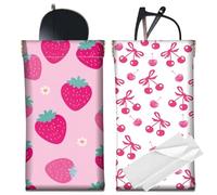 CREATCABIN Étui à Lunettes en Cuir Fin et Souple Motif Fraise et Cerise Pochette de Voyage Étanche avec Chiffon de Nettoyage Cadeau pour Homme et Femme Rose 18x9cm