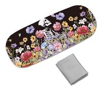 CREATCABIN Étui Lunettes en Cuir Coque Rigide avec Motif Tête Mort et Fleur Étui Lunettes Soleil Portable et Fin Étui Protection Clapet avec Chiffon Nettoyage pour Femmes Hommes 16.2x6.4x3.9cm