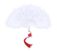 CREATCABIN Éventail Pliant Plumes Marabout Style Vintage Pliable Blanc Style Flapper Chinois Plastique pour Costumes Danse Spectacles Goûters Mariages Fêtes Prénuptiales Églises Décoration 29.5x16cm