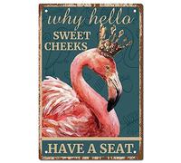 CREATCABIN Flamingo Vintage Sign Metal Tin Sign Wall Art Decor Why Hello Sweet Cheeks Retro Peinture Poster Plaque Décor pour Salle de Bains Cuisine Café Mur Halloween Cadeaux de Noël 30x20cm