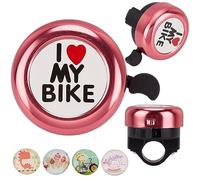 CREATCABIN I Love My Bike Cloche de Vélo en Alliage D'Aluminium Sonnette Ronde Rose pour Guidon de Vélo avec 4 Autocollant en Résine pour Vélo de Route, VTT, Adulte, Accessoires de Vélo 2x2,(1) cm