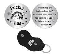 CREATCABIN Jeton Câlin Poche Arc-en-Ciel Souvenir Relation Longue Distance en Acier Inoxydable Double Face avec Clip en Cuir PU Porte-Clés pour Cadeau Inspirant pour Famille Fils 3x3cm(Argenté)