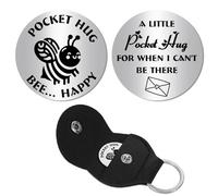 CREATCABIN Jeton Câlin Poche Souvenir Longue Distance Acier Inoxydable Jeton Relation Sociale Mots Double Face avec Porte-Clés Cuir PU Cadeau pour Femmes Hommes Meilleurs Amis 3x3cm-Abeille Heureuse