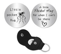 CREATCABIN Jeton Câlin Poche Souvenir Relation Longue Distance Pièce Commémorative Double Face Acier Inoxydable avec Porte-Clés Clip en Cuir PU-Un Petit Câlin Poche pour Quand Je Ne Peux Pas Être Là