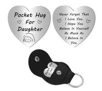 CREATCABIN Jeton de Câlin de Poche Forme Cœur Jeton de Souvenir de Relation Longue Distance en Acier Inoxydable Double Face Jeton Poche Inspirant avec Porte-Clés Cuir pour Fille Amis Cadeau 2.6x2.6cm