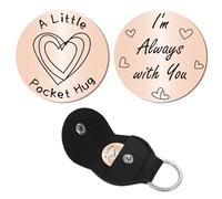 CREATCABIN Jeton de Câlin Poche Souvenir Relation Longue Distance Acier Inoxydable Double Face Pièce Monnaie Poche avec Porte-Clés Cuir PU pour Femmes Hommes Collègues Cadeaux D'Amitié 3x3cm(Argenté)
