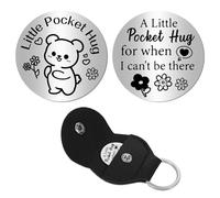 CREATCABIN Jeton de Poche en Acier Inoxydable pour Câlin Souvenir Longue Distance Double Face Gravé Relation Maintien avec Porte Clés en Cuir PU Cadeau pour Petit Ami Fille Meilleure Amie 3x3cm