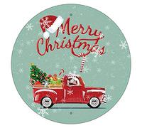 CREATCABIN Joyeux Noël Rond Signe Métal Arbre Père Noël Flocon Neige Rétro Affiche Vintage Plaque Murale Maison Fête de Noël Cadeau Fournitures Jardin Décoration Café Boutique en Plein Air 12 Pouce