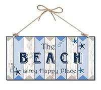 CREATCABIN la Plage Est Mon Endroit Heureux Panneau en Bois Décoratif Décoration D'Intérieur Panneau en Bois Plaque Suspendue Art Mural Panneau de Porte en Bois pour Jardin Bureau Maison 12 x 6 Pouce