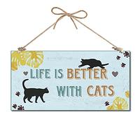 CREATCABIN la Vie Est Meilleure avec des Chats Panneau Décoratif en Bois Décor à la Maison Panneau en Bois Plaque Suspendue Art Mural Panneau de Porte en Bois pour Jardin Bureau Maison 12 x 6 Pouce