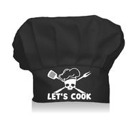 CREATCABIN Let's Cook Skull Chef Hat Adulte Réglable Élastique Baker Cuisine Traiteur Porter Chapeau Cuisine Personnalisé Coton Chef Casquette pour Femmes Hommes Griller Cuisson BBQ Noir 30x23cm