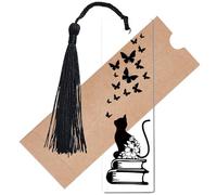 CREATCABIN Marque-Pages Chat Papillon Acrylique Transparent Pompons Noirs,Marqueurs Rectangulaires Transparents,Étiquette pour Bureau,École,Étudiants,Amateurs Livres,Cadeau Remise Diplôme,3.5x11.8cm