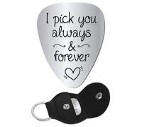 CREATCABIN Médiator de Guitare Gravé en Acier Inoxydable avec Pochette Porte Clés en Cuir pour la Saint Valentin Acoustique Électrique Rock Basse Cadeaux pour Musiciens 3.2x2.6cm