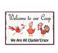 CREATCABIN Métal Coop Sign Tin Plate Welcome to Our Coop We are All Cluckin' Crazy Signs Plaque Vintage Funny Chicken Animals Décorations Rétro pour Farm Yard Farmhouse Home Wall Decor, 8x12 Pouce