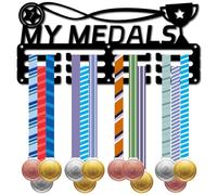 CREATCABIN My Porte Médailles Présentoir en Métal pour Médailles Organisateur Trophées Cadre en Fer avec 12 Crochet 3 Lignes Noires Support Mural pour Médailles Football Triathlon Coureur 29x13cm