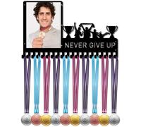 CREATCABIN Never Give Up Présentoir à Médailles avec Cadre Photo en Métal à Suspendre pour Récompenses D'Athlète Support Mural avec 20 Crochet pour Médailles de Ruban de Compétition Noir 42x25cm