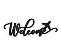 CREATCABIN Panneau Bienvenue Bois Mot Découpé,Décoration Murale Forme Lettre,Avion,Panneau Bienvenue Bois Noir,Tranches Inachevées au Laser,Artisanat,Décoration pour Artistique Personnalisé 30x10cm