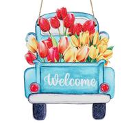 CREATCABIN Panneau de Porte de Bienvenue en Bois pour Porte D'Entrée de Voiture,Décoration Murale Rustique à Suspendre pour Porche de Ferme,Maison,Printemps,Été,Automne,Hiver 15.5x20cm