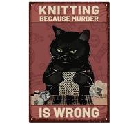 CREATCABIN Panneau en Métal Rétro Forme Chat Noir Tricoté-Décoration Murale Vintage en Étain-Tricot Parce Que Meurtre Est Faux-Plaque Peinture Fer-Décoration Murale Suspendre pour Maison,Club,30x20cm