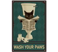 CREATCABIN Panneau en Métal Vintage en Forme Chat Noir-Plaque Peinture Rétro en Fer-Décoration Murale Suspendre pour Cadeau-Intérieur Ou Extérieur-Maison,Salle Bain,Toilettes-30x20cm-Lavez Vos Pattes