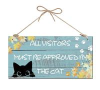 CREATCABIN Panneau Humoristique avec Chat Tous Visiteurs Doivent Être Approuvés par Chat Plaque Bois Imprimée à Suspendre Décoration Murale Ou Porte Cadeau Bienvenue pour Salle Porte D'Entrée 30x15cm