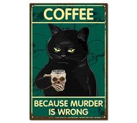 CREATCABIN Panneau Métal Forme Chat Noir Décoration Murale Art Vintage Rétro Plaques Peinture Fer Suspendre Tasse Squelette Amusante pour Cafés Maison Extérieur 30x20cm Parce Que Le Meurtre Est Faux
