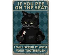 CREATCABIN Panneau Métal Forme Chat Noir-Vintage-Plaque Peinture Rétro en Fer-Décoration Murale Suspendre pour Toilettes,Toilettes,Chambre Coucher,Café,Maison-30x20cm-Si Vous Faites Pipi sur Le Siège