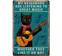 CREATCABIN Panneau Métal Rétro avec Musique Chat Noir-Vintage Étain-Chat Drôle-Guitare-Plaque Peinture Rétro-Décoration Murale-Décoration Mural Suspendre pour Maison Bar,L'Homme Grotte Garage-30x20cm
