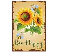 CREATCABIN Panneen Métal avec Abeille Heureuse Tournesol,Décoration Jardin Rustique,Plaque D'Été,Ferme,Peinture Fer Vintage,Affiche Rétro Murale Suspendre,Décoration Murale pour Maison,Salon,20x30cm