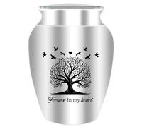 CREATCABIN Petite Urne Souvenir Arbre Vie Mini Urne pour Cendres Porte Cendres Aluminium Crémation Funéraire Mot Gravé avec Sac Velours Cadeau Commémoratif 6.5x4.5cm pour Toujours dans Mon Cœur