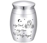 CREATCABIN Petite Urne Souvenir Papa Mini Urnes,Crémation Décorative Support,Cendres Funéraires Commémoratif Récipient Acier Inoxydable Gravé Argent pour Papa Père 30x40mm-Mon Papa Mon Héros Mon Ange