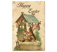 CREATCABIN Plaque en Métal Happy Easter Holidays Bunny Signs Vintage Wall Art Decor Rustic Farmhouse Backyard Home Bar Easter Mother's Day Best Gifts Garden Decorations 8 x 12 inch