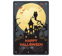 CREATCABIN Plaque en Métal Rétro Vintage Happy Halloween avec Citrouille Signe Château Bienvenue Chauve-Souris Fantôme Sorcière Signe pour Maison Café Cuisine Décoration Murale 12 x 8 Pouce