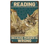 CREATCABIN Plaque Métal Chat Lecture Parce Que Le Meurtre Est Mauvais Affiche Métal Vintage Rétro Art Mural Suspendre Peinture Animaux Drôles pour Maison Salle Bain Décoration Murale 20x30cm