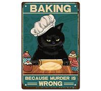 CREATCABIN Plaque Métal Chat Noir Baking Because Murder is Wrong Affiche Métal Vintage Rétro Art Mural à Suspendre Plaque Peinture Animaux Drôles pour Maison Cuisine Salle Bain Décoration 20x30cm