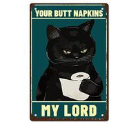 CREATCABIN Plaque Métal Chat Noir Vos Serviettes My Lord Affiche Vintage Rétro Art Mural à Suspendre Plaque Peinture Fer Animaux Drôles pour Maison Cuisine Salle Bain Décoration Murale 20x30cm