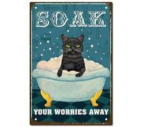 CREATCABIN Plaque Métal Étain Signe Chat Noir Soak Your Worries Away Signes Vintage Salle Bain Signe Fer Peinture Affiche Plaque Rétro Murale Suspendue Décoration pour Restaurant Maison Cafés 20x30cm