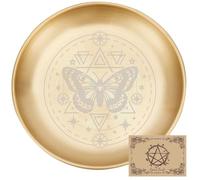 CREATCABIN Plat Rituel Papillon en Acier Inoxydable Bol Rond Doré pour Offrandes de Tarot Porte Bougie Plateau à Bijoux en Cristaux pour Brûleur D'Encens Radiesthésie 14x14cm