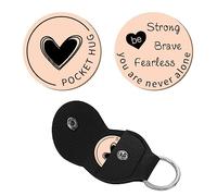 CREATCABIN Pocket Hug Token Heart Long Distance Relationship Keepsake Message Double Face en Acier Inoxydable Gravé avec Porte-Clés en Cuir PU pour Amis Graduation Gift Valentine's Day 3 x 3 cm