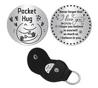 CREATCABIN Pocket Hug TokLong Distance Relationship Keepsake Double Face Inspirational Gift with PU Leather Keychain for Friends Daughter Son 1.2 inch-Never Forget That I Love You