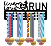 CREATCABIN Porte-MédailCourse Pied,Cintres Médailles,Présentoir Sport Métal Suspendre,Petit Support Fer pour Décoration Murale,Badge Maison,Coureurs Course,Médaillé Marathon,Noir 29x13cm,Live Love Run